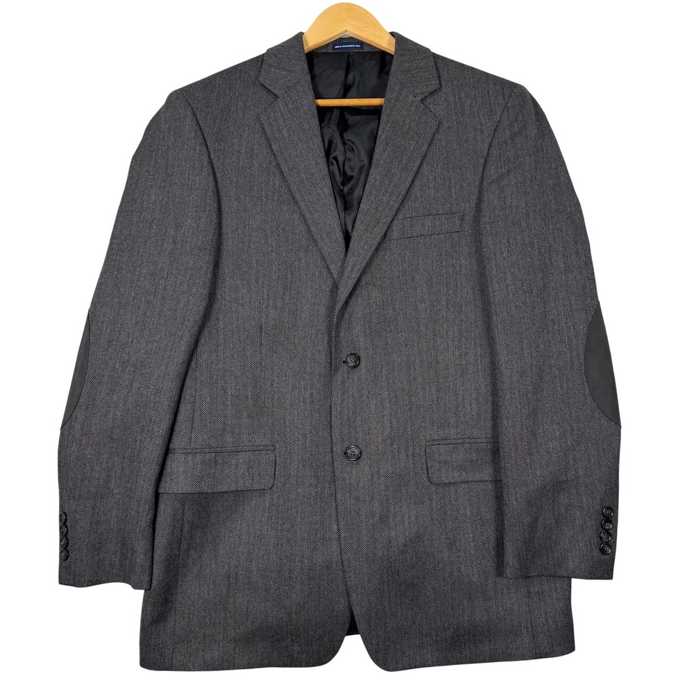 Stafford Essentials Mens 40L Gray Herringbone Wool Blazer Jacket Elbow Patches